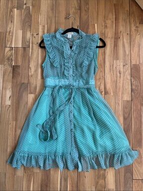 Moon Collection Teal Polka Dot Ruffle Button-Front Dress